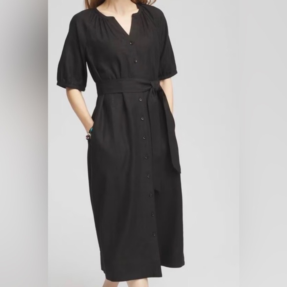 Chico’s Black Linen Midi Dress with Tie Belt - Picture 1 of 7